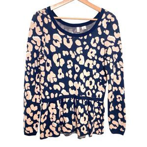 Anthropologie Moth Leopard Print Peplum Hem Sweater Size Small Navy
